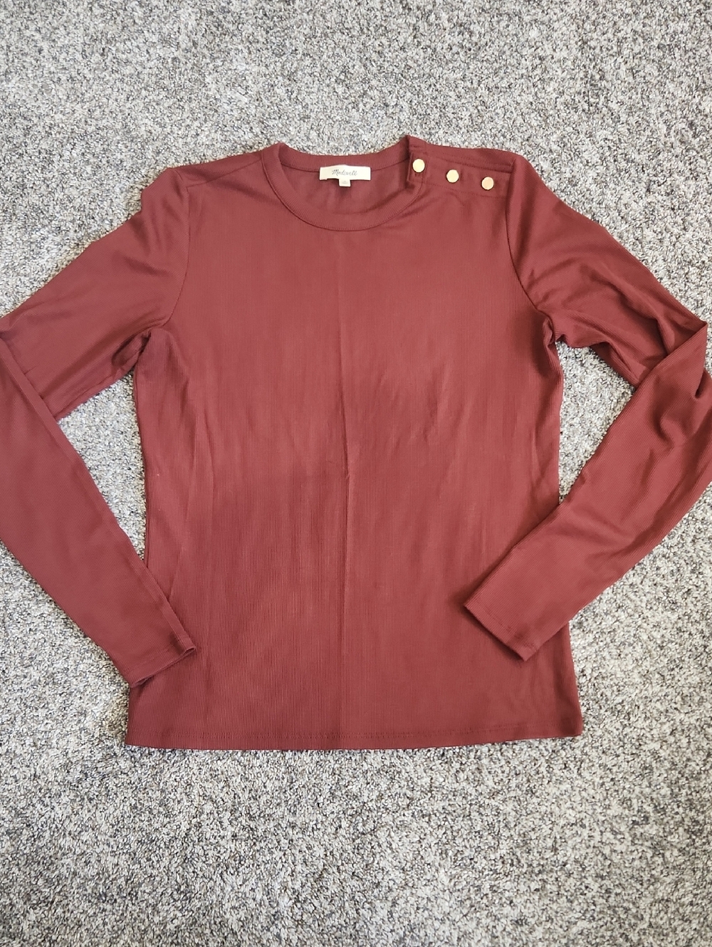 Madewell Long Sleeve Crewneck Top with Gold Shoulder Buttons - Rust